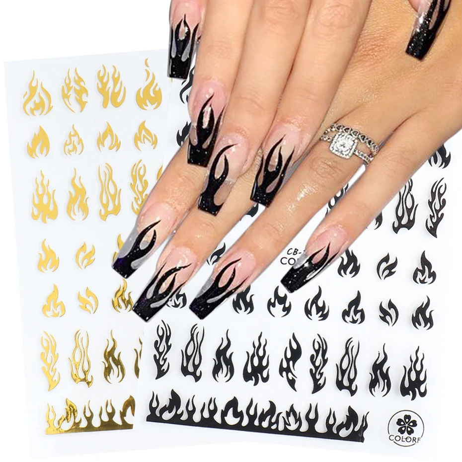 3D Holographic Fire Flame Nail Stickers Slider Gold Black Summer Manicure Decals DIY Nail Art Decorations Decor Tool GLCB205