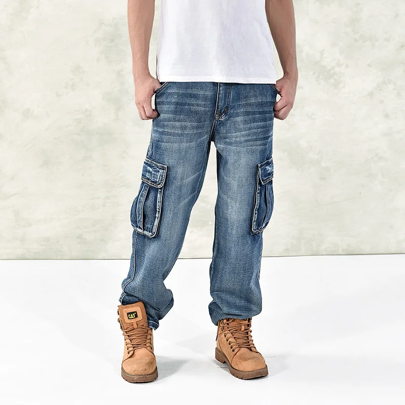 2022 New Japan Mens Straight Denim Cargo Pants Biker Jeans Men Baggy Loose Blue Pockets Jeans Men