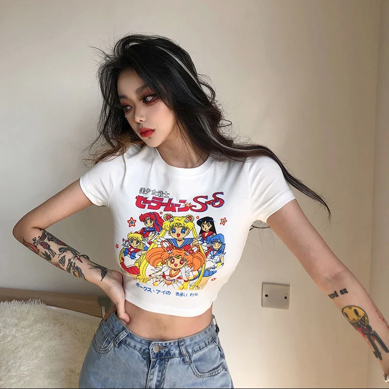 

Fashion Woman Cotton Print Short Navel T-Shirts For Women's Character Anime Round Neck Top Summer T-Shirt Feminina
