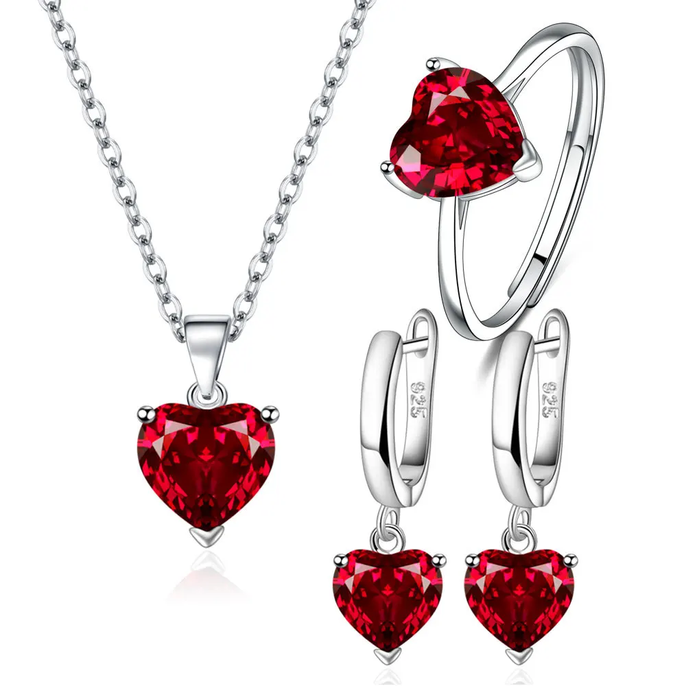 

925 Sterling Silver Ring Necklace Stud Earrings Ruby Red Sparkling Statement Heart Jewelry Set For Women Valentine's Day Gift