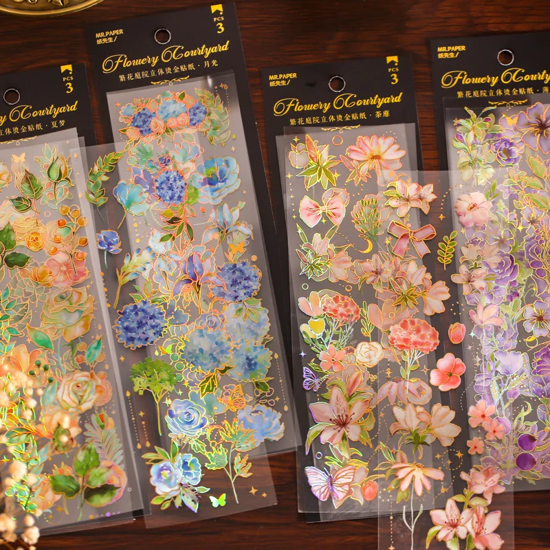 

3 Pcs/bag Retro Transparent 3D Gilding Flowers Garden PVC Stickers For DIY Material Planner Scrapbooking Diary Craft Gift Wrap