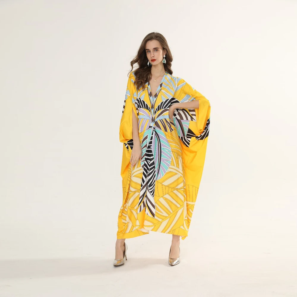 

2022 Spring And Summer New Fashion Irregular Large Swing Sleeves Ⅴ Collar Single-breasted Knitted Silk Loose Middle East Dress W