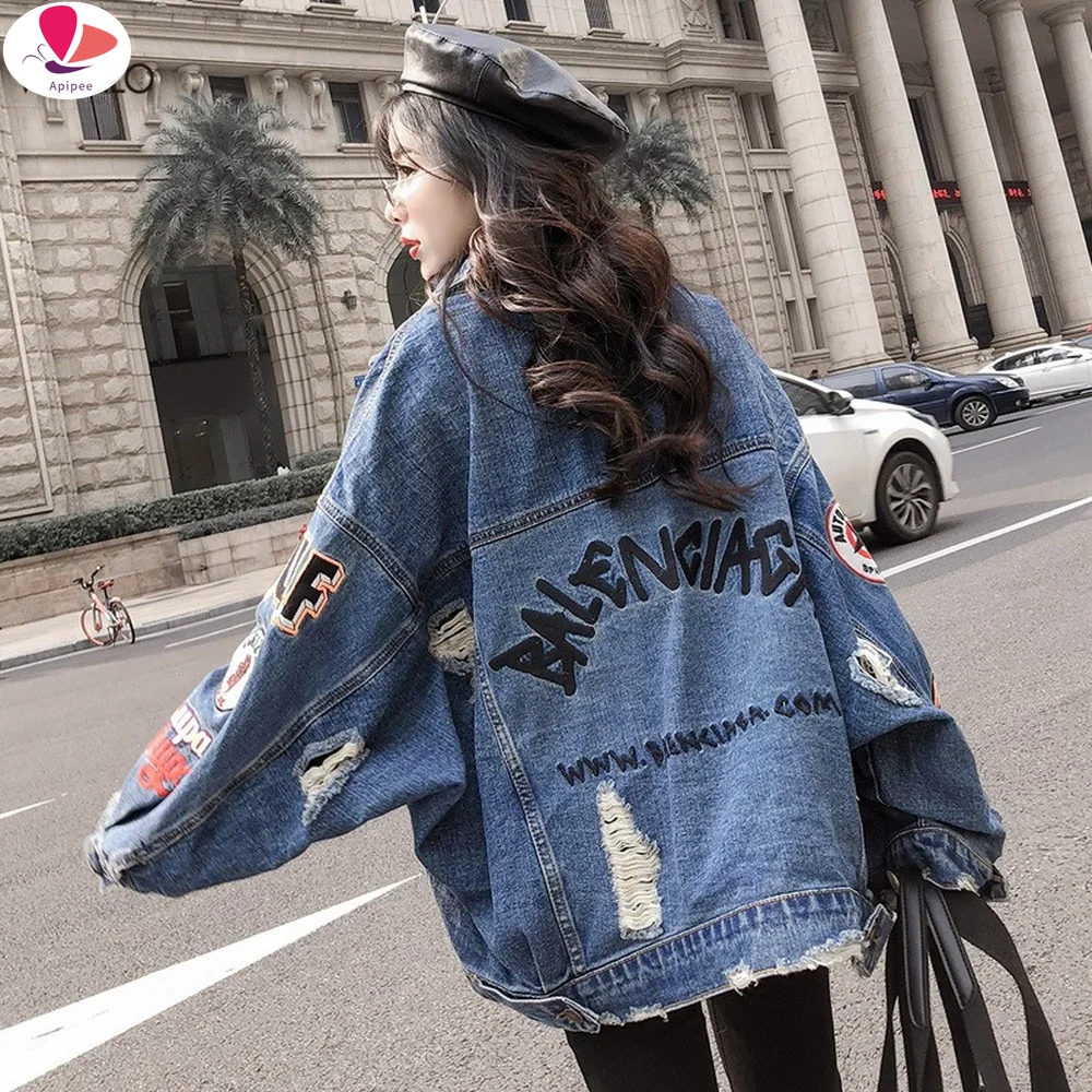 2024 BF Harajuk Большая свободная джинсовая куртка Женское джинсовое пальто с вышивкой