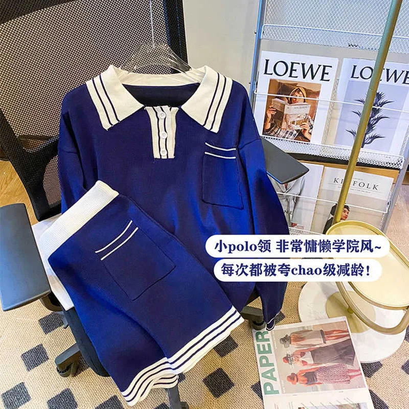 Klein Blue Knitted Sets For Women Long Sleeves Polo Collar Sweater+Mini Skirt Fashion College Style Two Piece Sets Popularly