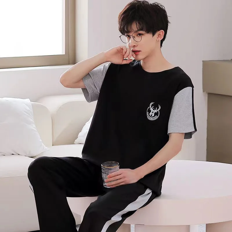 Summer Men Pajamas Set Cotton Short Sleeve Sleepwear Night Suit Casual Loose Nightwear Lounge Homewear Home Clothing Pyjamas