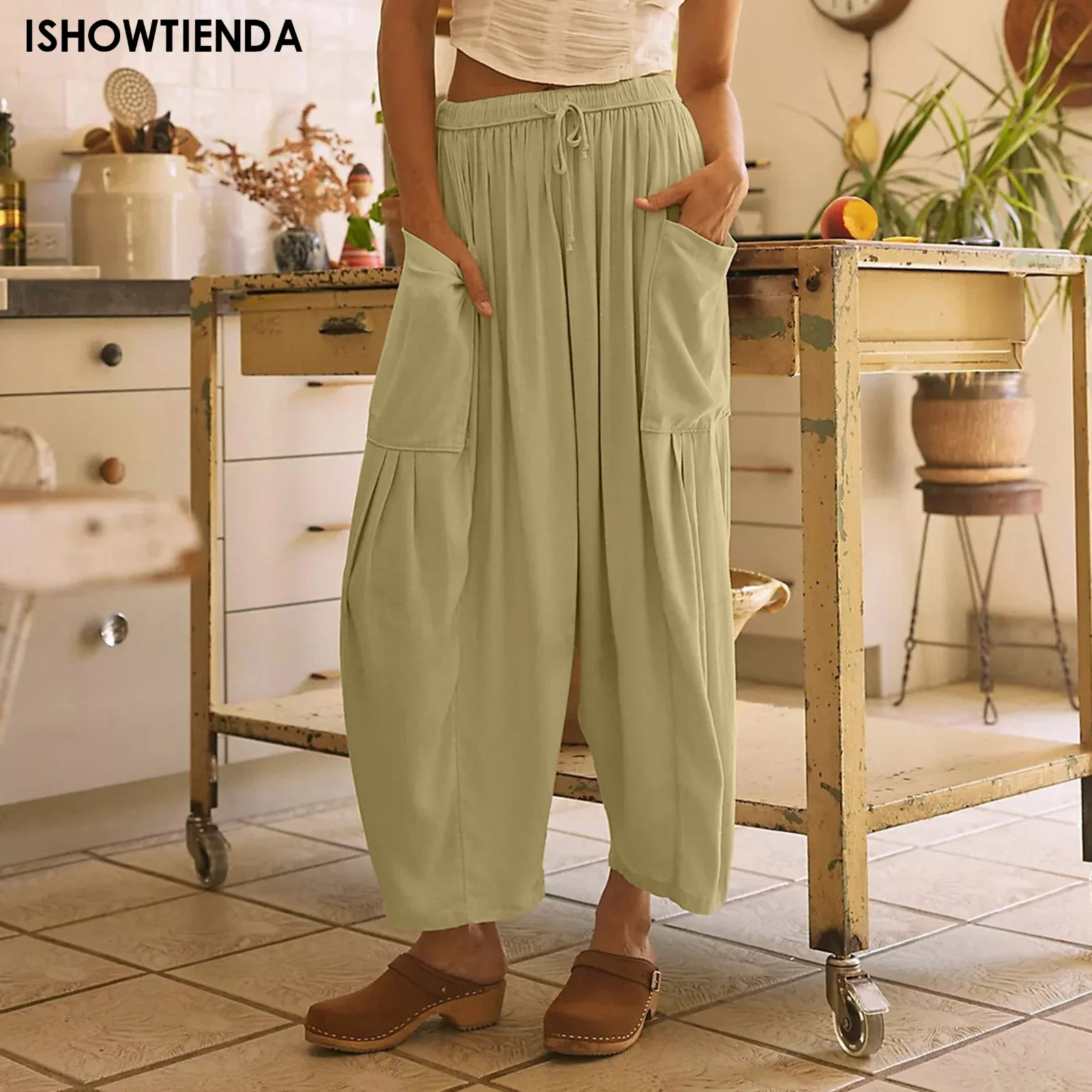 

Брюки женские хлопково-льняные с карманами, Свободные мешковатые штаны с эластичным поясом, с карманами спереди, большие размеры, на лето