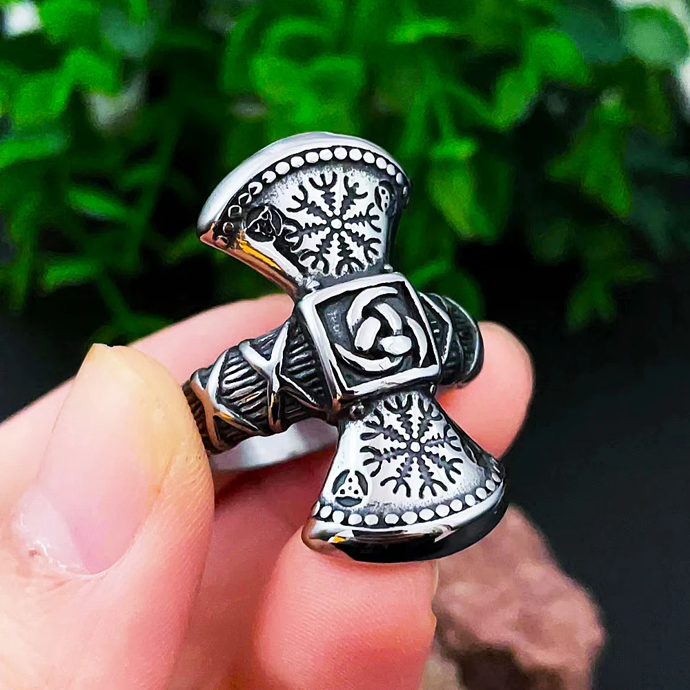 

New Viking Double Axe Compass Ring Stainless Steel Vintage Nordic Odin Trinity Ring Men Amulet Biker Jewelry Gift Wholesale