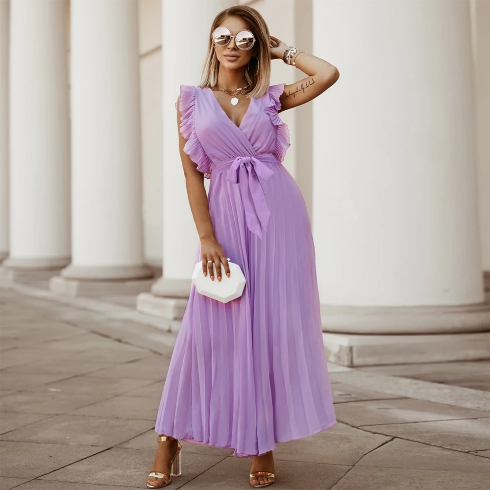 

Elegant Women Deep V Neck Butterfly Sleeve Beach Long Dress Solid Chiffon Maxi A-line Casual Dress