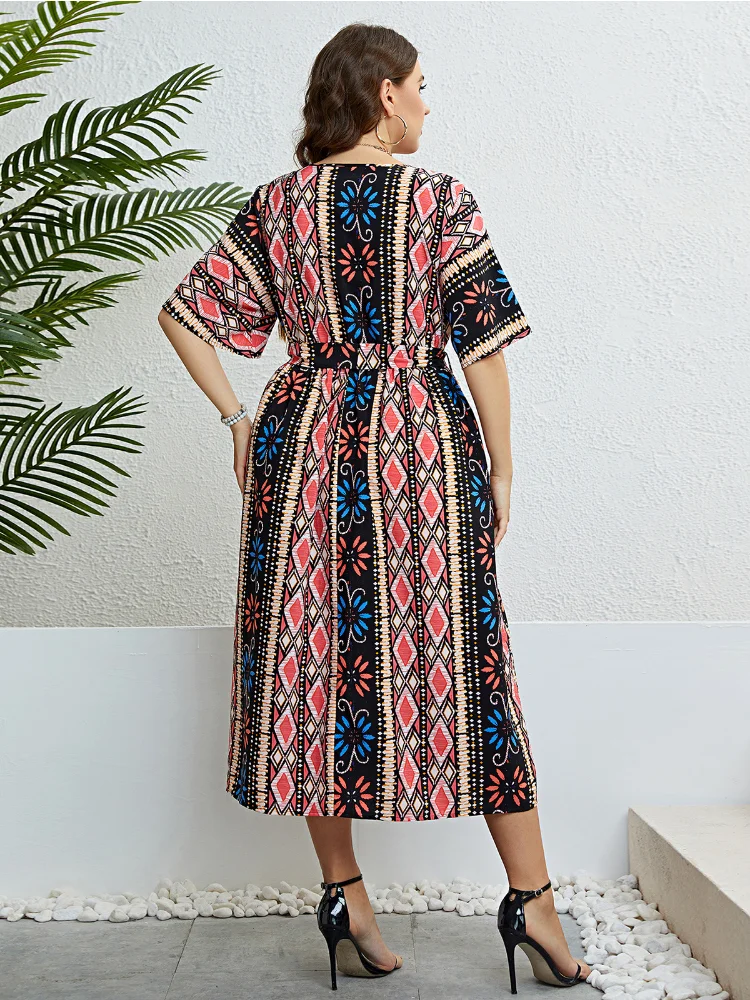 Summer V-neck printed bandage waist dress plus size dresses  vestido feminino vestito plus size outfits
