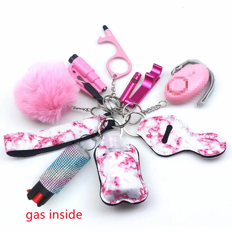 

11pcs Self-Defence Keychain Set Rhinestone Spicy Spray bottle Multi Use Keyring Alarm Self Rescue in Danger Jewelry Set for Her