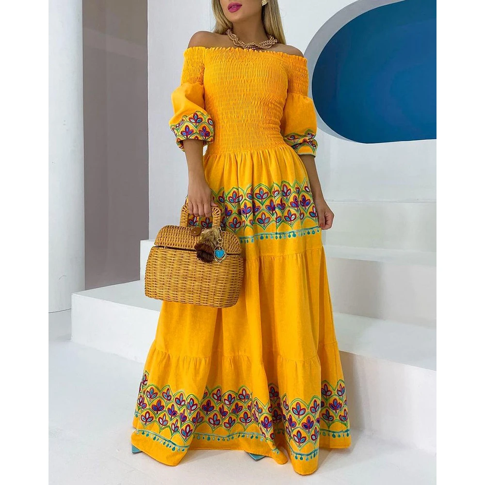 

Fashion Women Off Shoulder Half Sleeve Maxi Dress Elegant Femme Slim Waist Party Large Swing Dress 2022 Lady Vacation Wear