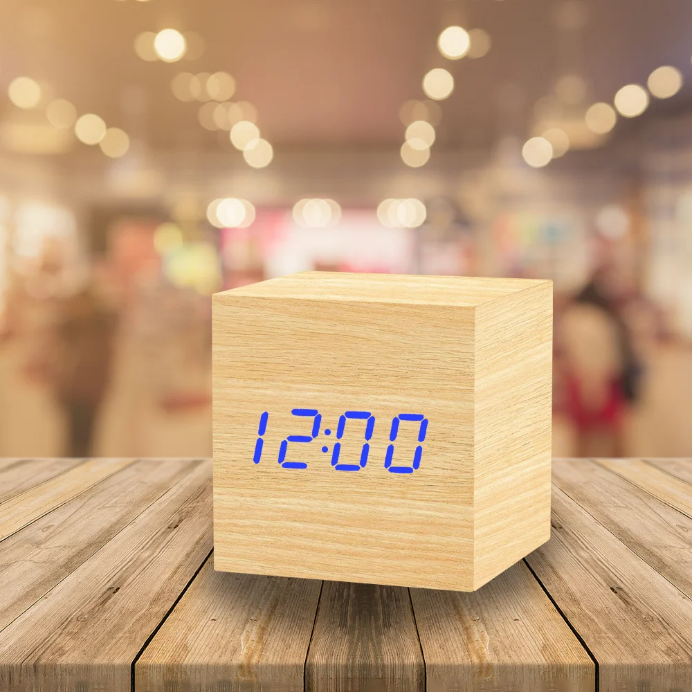 

Small Cube LED Digital Clock Voice Control Temp Date 12/24h Display Table Trible Electronic Wooden Alarm Clocks USB/AAA Powered