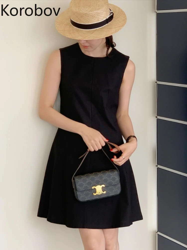 

Korobov Woman French Dress Korean Chic Summer Simple Classic A-line Skirt Waist Dress Solid Color Simple Commute Fashion Vestido