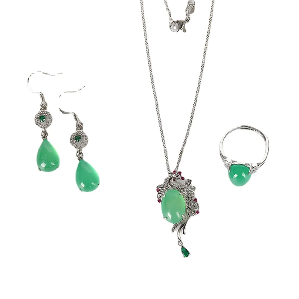 

3pcs 925 Sterling Silver Natural Green Jade Gemstone Peacock Pendant Necklace Rings Earrings Jewelry Set for Women