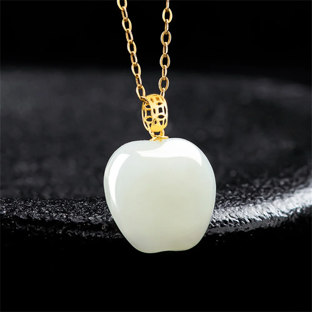 

18K Gold Natural White HeTian Jade Carved Charm Fruits Lucky Pendant Amulet Chain Necklace Certificate Luxury Jade Jewelry Gift