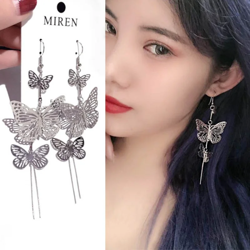 

New Summer Popular Hollow Metal Texture Butterfly Patch Earrings Girl Unique Long Earrings