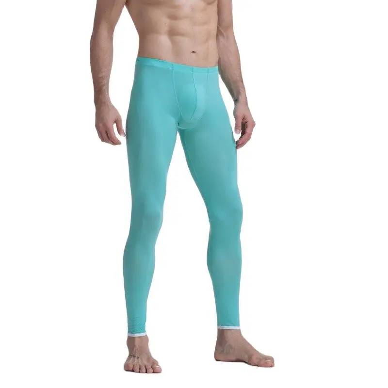 CLEVER-MENMODE Men Sexy Ultra Thin Stretch Underwear Transparent Pouch Ice Silk Long Johns Pants Mens Pajamas Bottoms Sleepwear