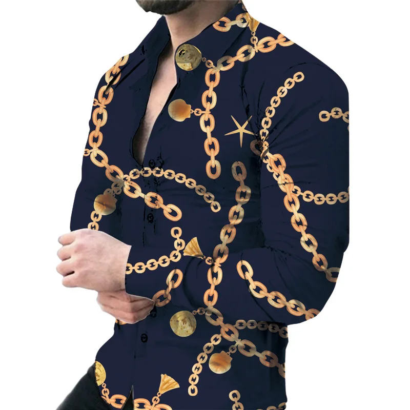 

Рубашка мужская с длинным рукавом, приталенная с лацканами, с 3D-принтом, тонкая, на лето