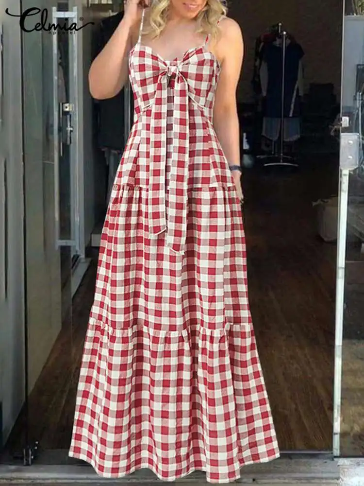 

Celmia Women Bohemian Plaid Maxi Dress Sexy Spaghetti Strap Sleeveless Robe Longue 2022 Holiday Bandage Knotted Pleated Sundress