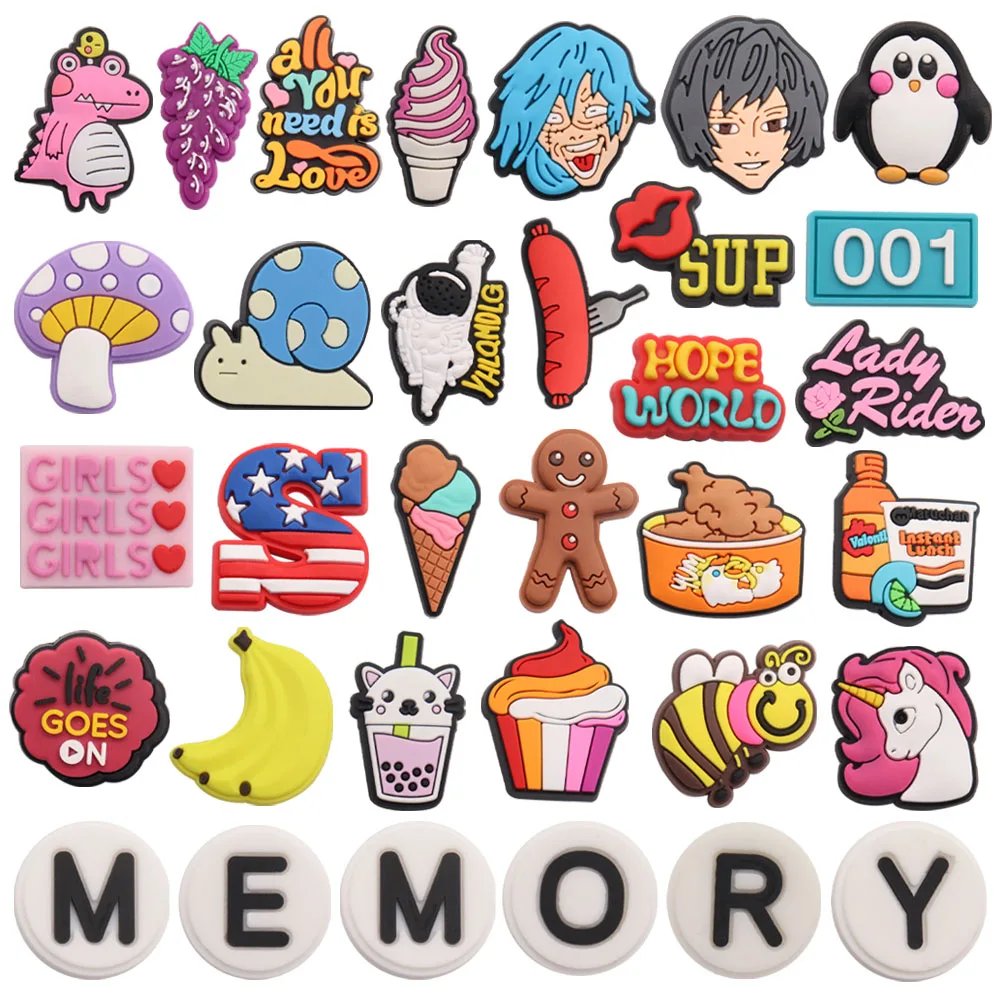 

1pcs PVC Croc Charms Dinosaur Grape Ice Cream Penguin Mushroom Clog Garden Shoes Button Decoration Hole Slipper Ornament Band
