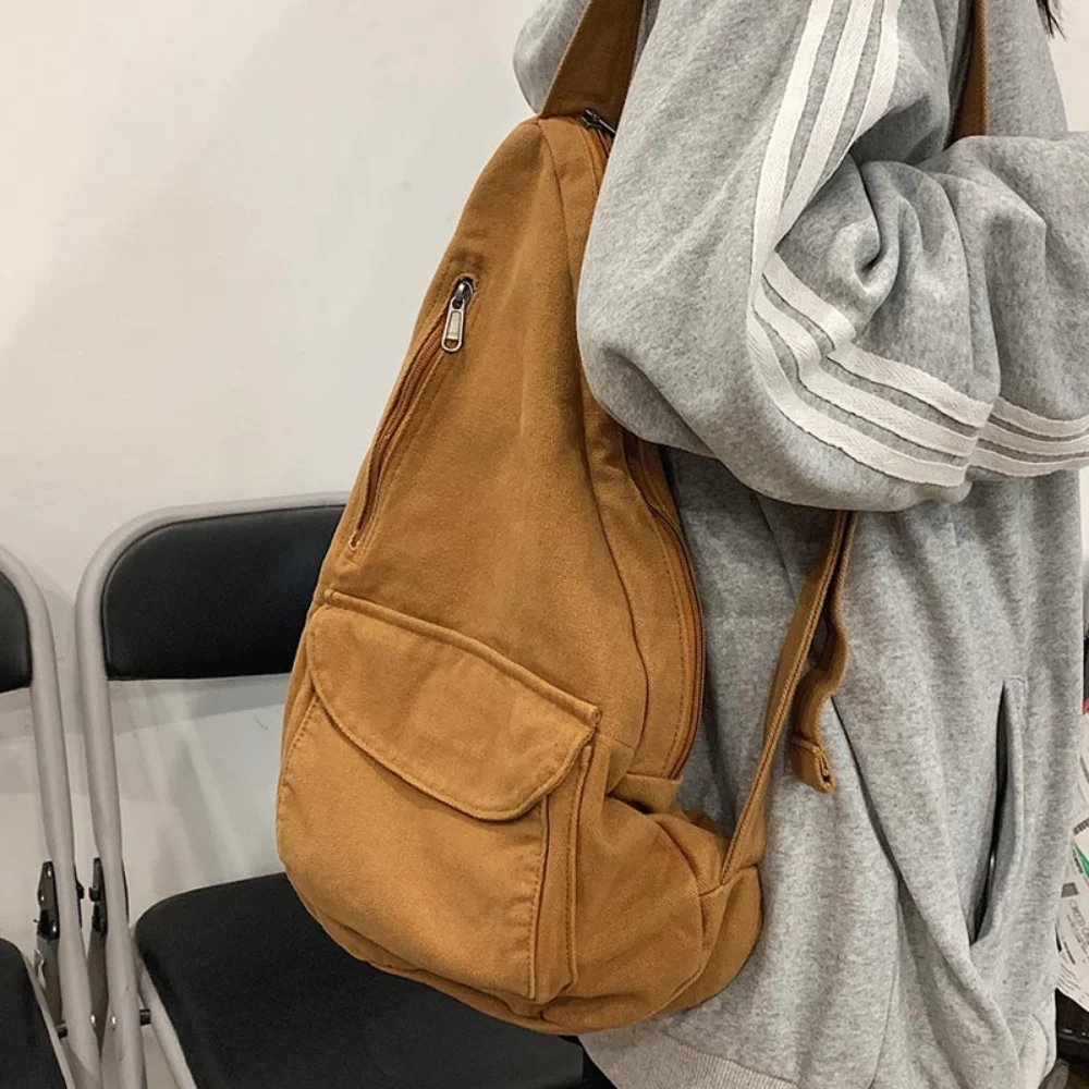 Solid Color Canvas Crossbody Sling Bags Women Simple Versatile Fanny Packs Female Casual Fashion Large Capacity Chest Bag