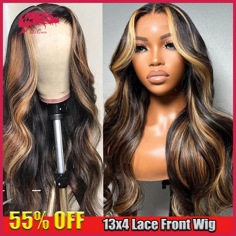 Ali Queen 13X4 Lace Front Wig 30 Inch Body Wave Highlight Wigs #4/27 Ombre Blonde Brazilian Human Hair Wig For Black Women Party