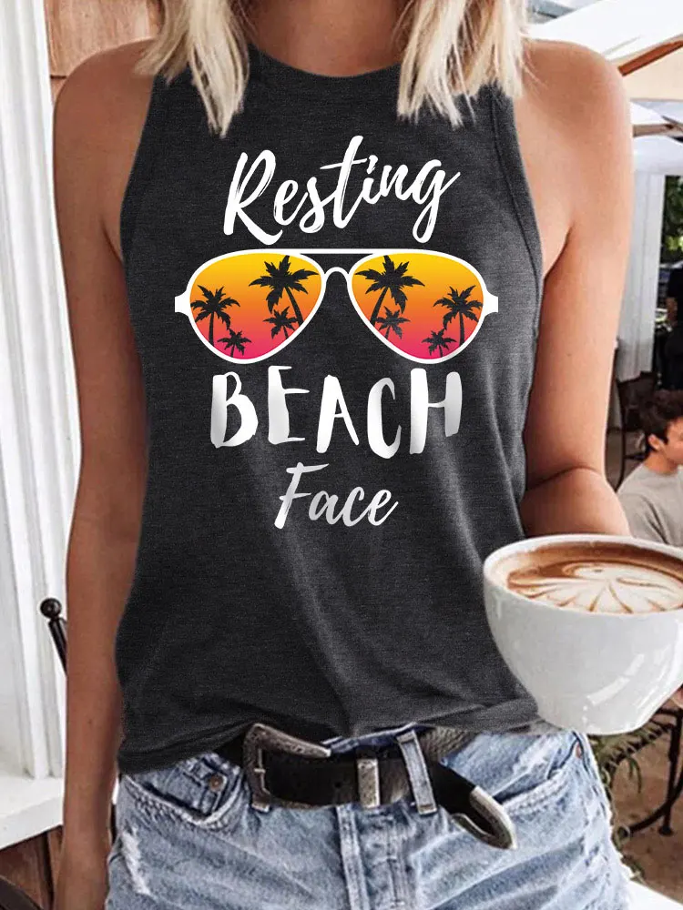 

Beach Tank Tops for Women Funny Sleeveless Graphic Tees Casual Summer Letter Print Workout Vacation Shirt Tops Coconut Tree