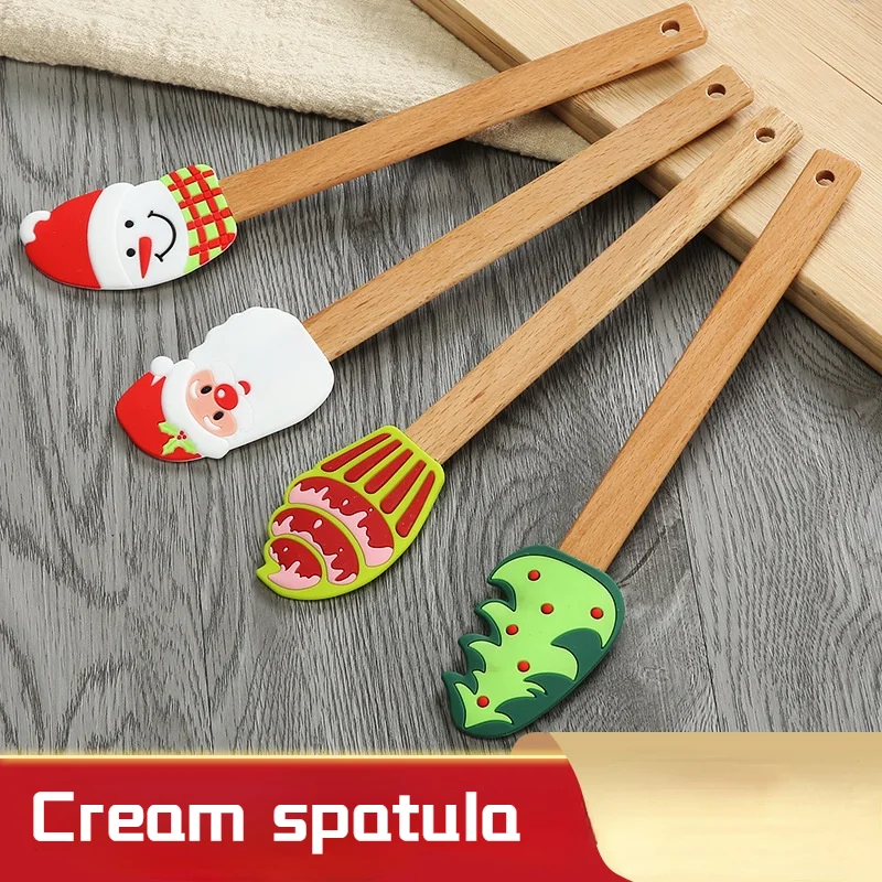 

Silicone Spatula Christmas Tree Cream Spatula Wooden Handle Santa Claus Snowman Cake Stirring Rod Kitchen Baking Accessories
