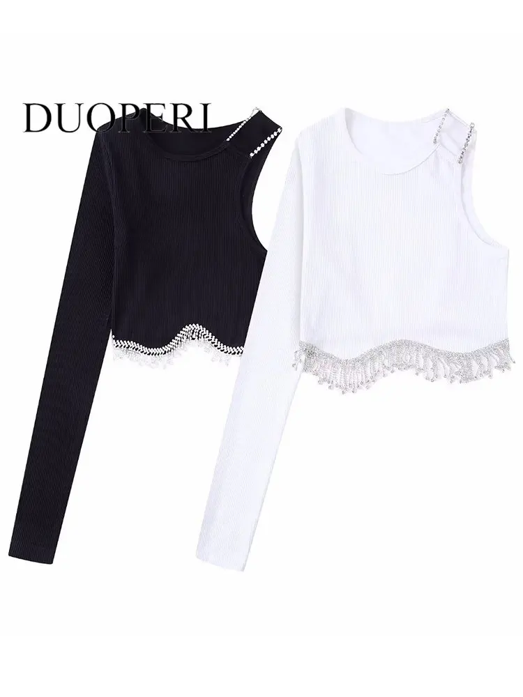 

DUOPERI Women Fashion With Beading Soild Cropped Tops Vintage One Shoulder Long Sleeve O-Neck Female Shirts Chic Lady Top