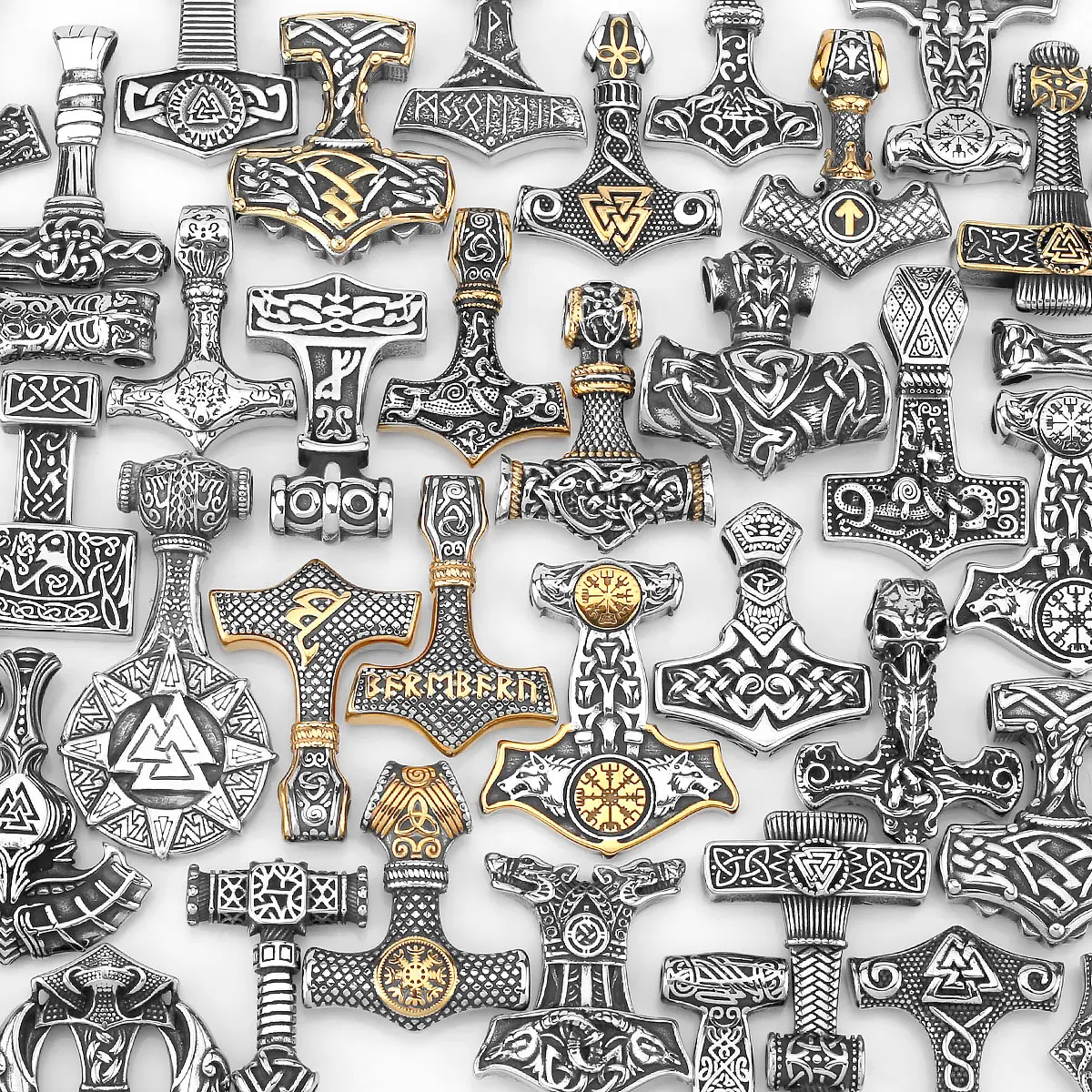 

Norse Vikings Thor's Hammer Mjolnir Scandinavian Rune Amulet Necklace Stainless Steel Chain Vegvisir Anchor Pendant Male Jewelry