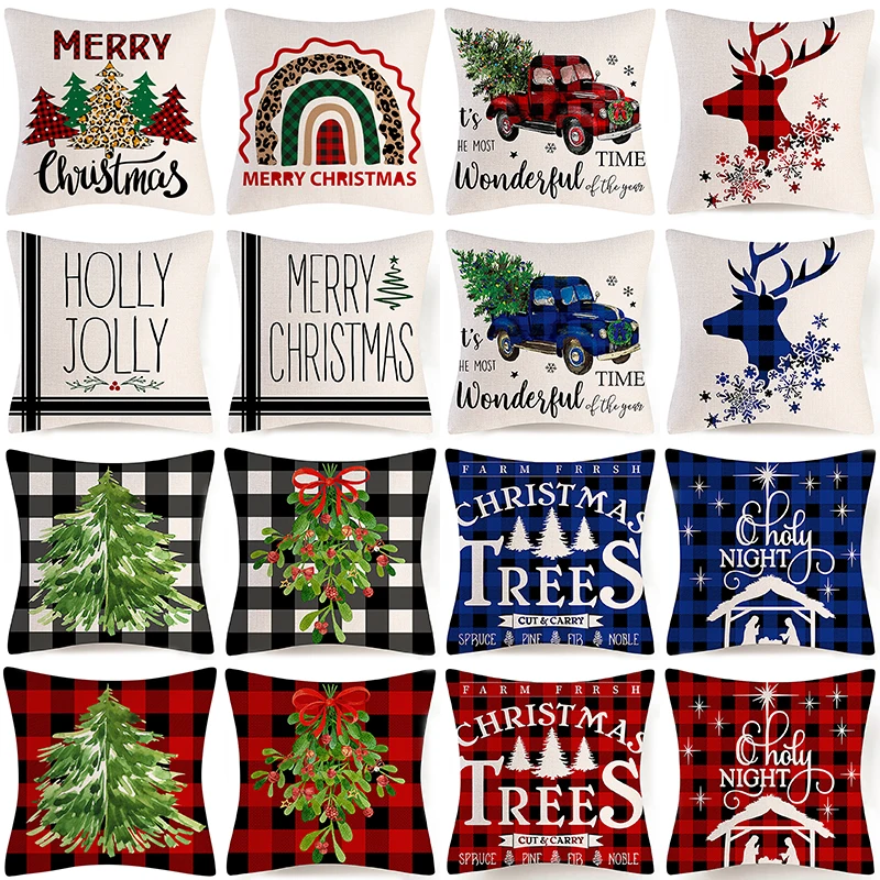 

Рождественское украшение для дома, наволочка, красная, черная, синяя, в клетку буйвола, наволочка с принтом, льняная наволочка для рождестве...