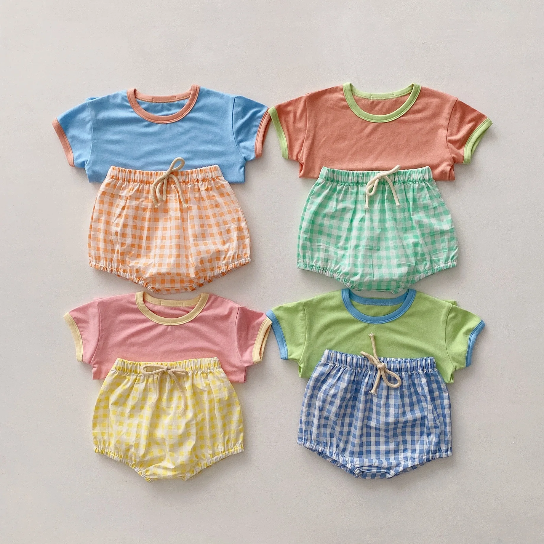 2023 Summer New Baby Short Sleeve Clothes Set Candy Color T Shirts + Plaid Shorts Cute Toddler 2pcs Suit Cotton Infant Outfits