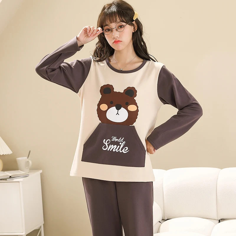 

Новое поступление, пижамный комплект большого размера с принтом милого медведя, Женская Повседневная Пижама, женская рубашка с длинным рукавом, ночная сорочка 3XL
