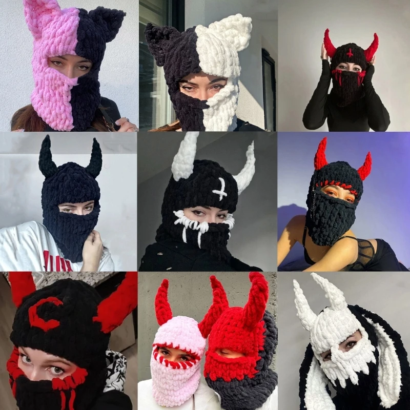 

Girls Party Hat Knitting Woolen Anime Hat Balaclava Hooded Hat Face-Mask Neck Scarf Woolen Caps Novelty Windproof Hat
