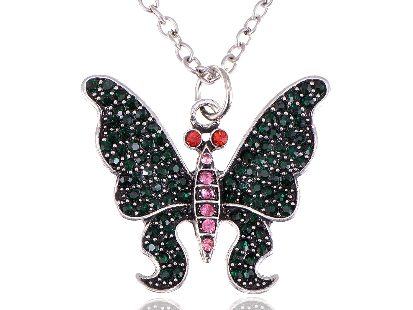 

Green Emerald Pink Red Eye Crystal Rhinestone Butterfly Pendant Necklace