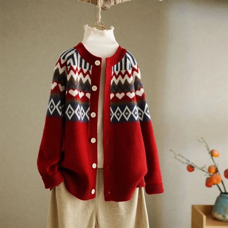 

Vintage O-Neck Design Casual Knitted Cardigan for Women Fashion 2022 New Printing Korean Fashion Women's Clothing Autumn Tops