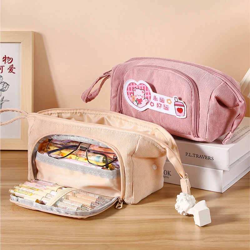 Solid simplicity Large capacity pencil bag Cute student High capacity pencil cases corduroy kawaii Storage bag School supplies