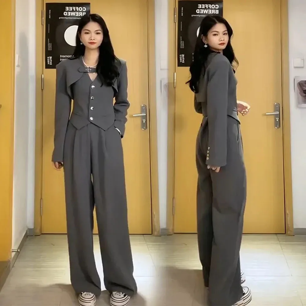 Женский офисный костюм из трех предметов повседневные брюки и жакет с длинным