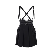 goth punk black high waist buckle lace up mini skirt pleated skirt streetwear harajuku straps spaghetti skirts for ladies
