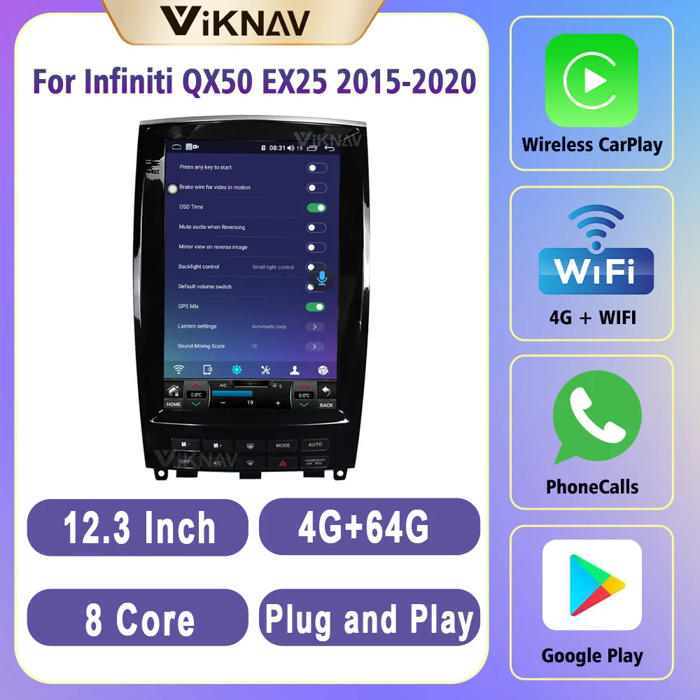

64G 8 Core 12.3Inch Carplay Radio For Infiniti QX50 EX25 2015-2020 Original Car Functions Navigation GPS 360 Panoramap Bluetooth