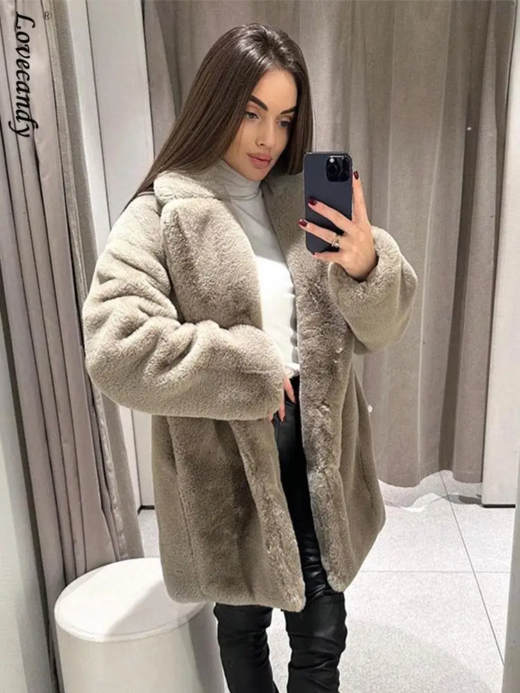 

Winter Faux Fur Plush Coat For Women 2023 Fashion Single Breasted Pocket Overcoat Female Warm Straight Thicken Furry Jacket
