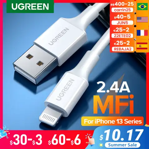 MFi USB-кабель Ugreen для iPhone 13 12 Pro Max, быстрое зарядное устройство с разъемом Lightning для iPhone, зарядное устройство для iPad Mini, зарядный кабель для теле...