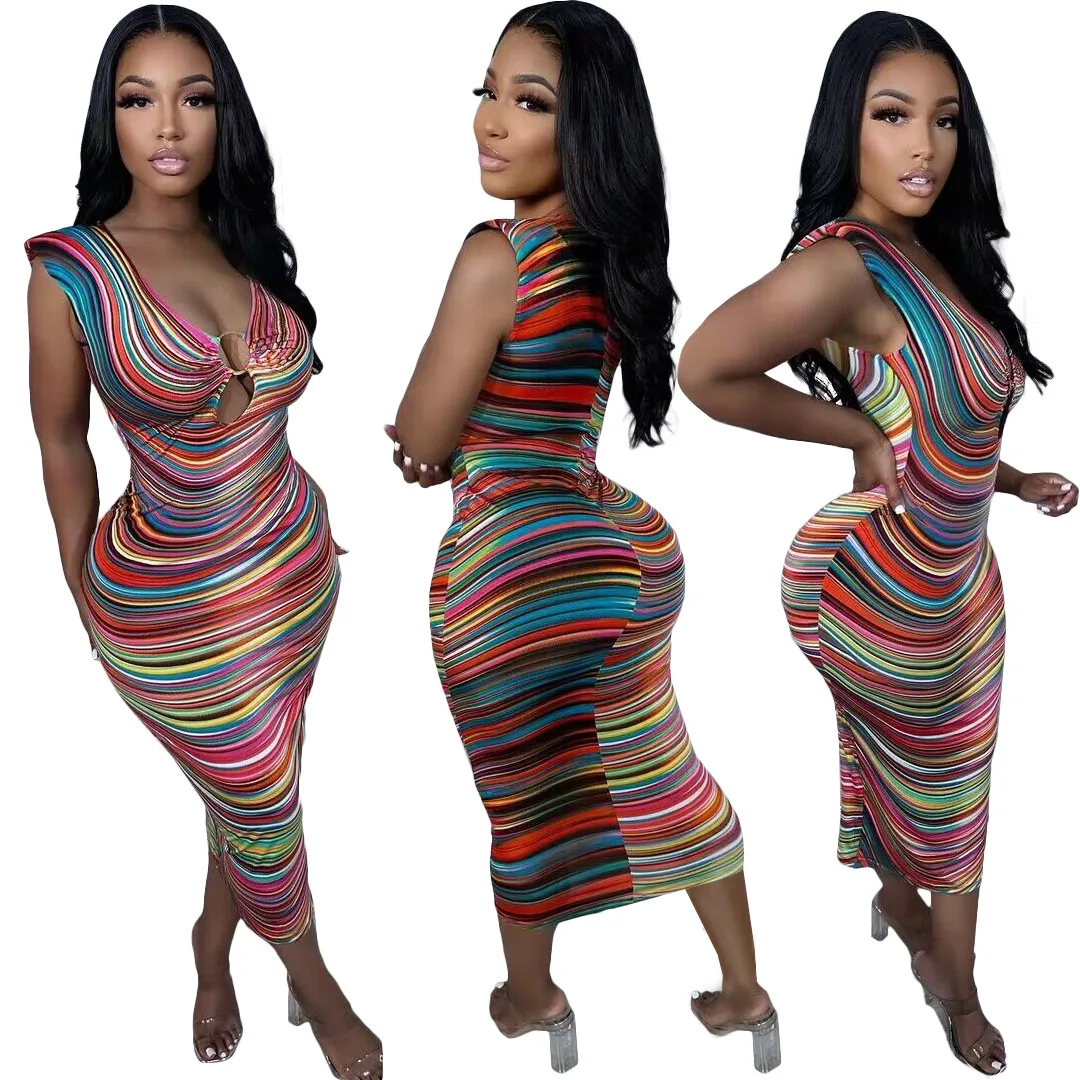 

Summer 2023 Women Cutout Deep Vneck Slim Dresses Printed Elegant Bodycon Female Sleeveless Midi Dress Club Party Sexy Vestido