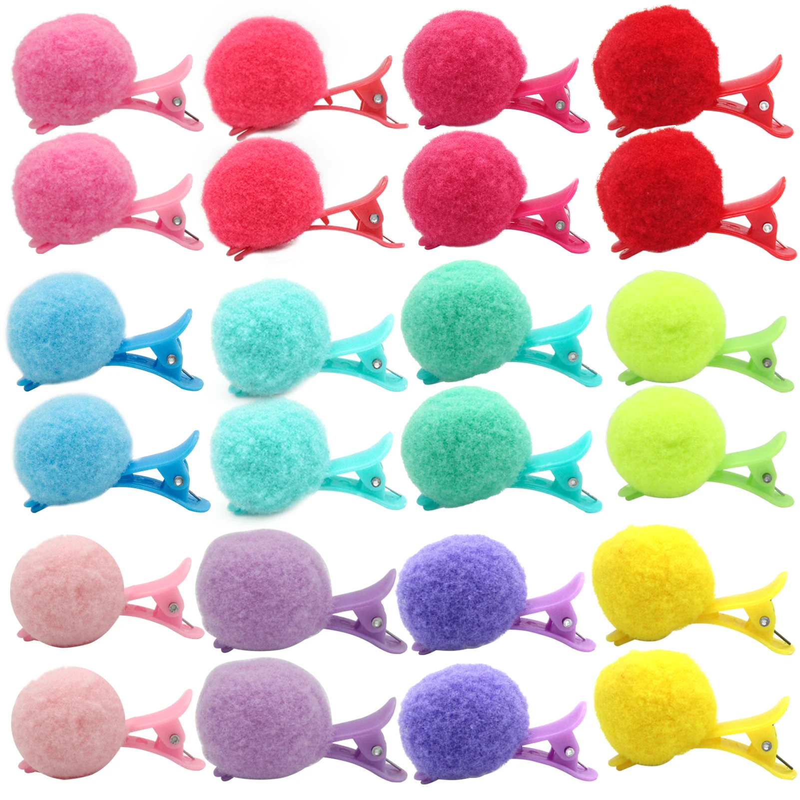 

24 Pc 12Pair New Small Lovely Soft Fur Pompom Mini Ball Gripper Hairball Candy Color Barrette Hair Accessories for Kids