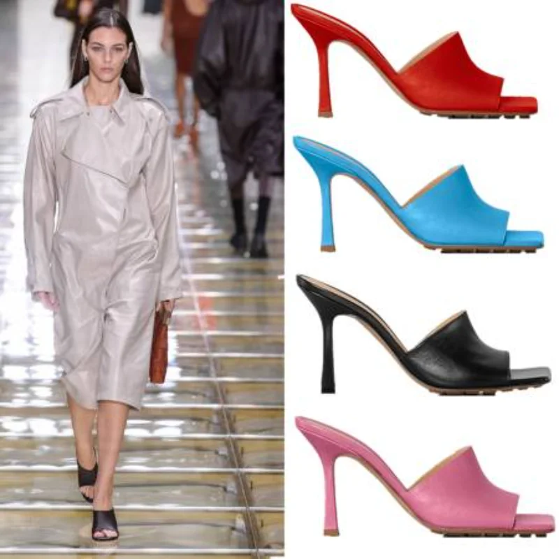 2023 Summer High Heel Banquet Walk Show Women's Sandals Square Headed Woven 9cm Slim Heel Sandals Women Small Heel