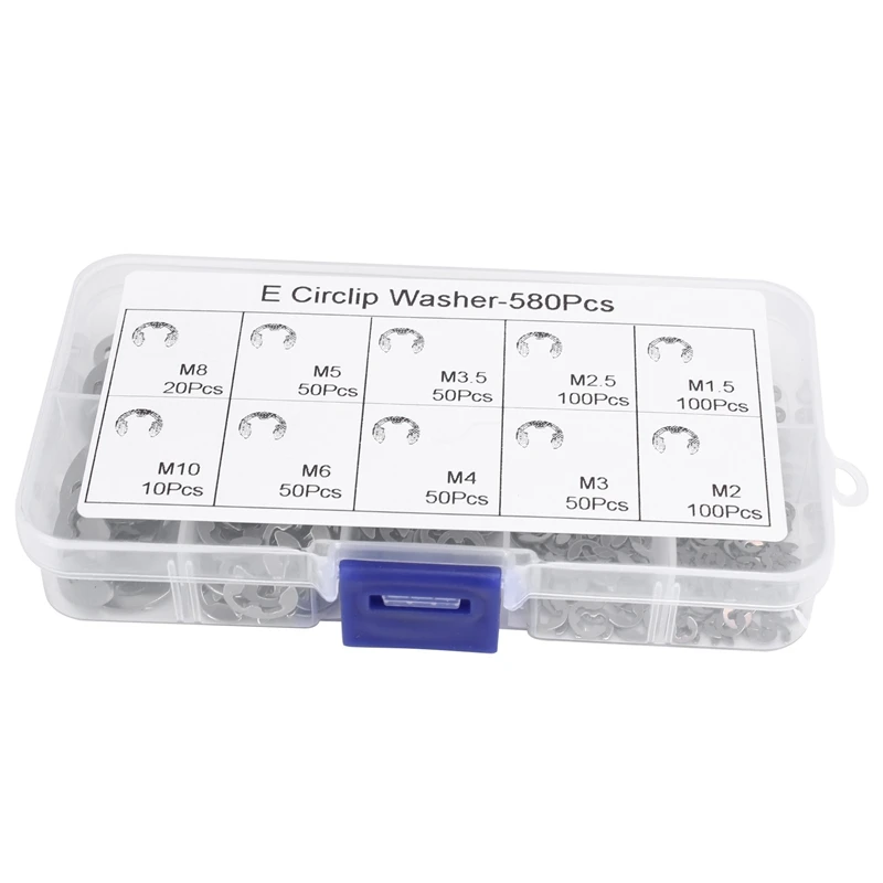 

580PCS Stainless Steel 304 E-Type Retaining Ring E-Buckle Spring Washer M1.5-M10 10 Specifications