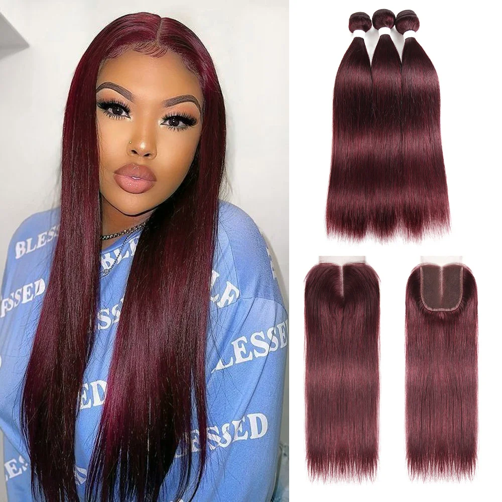 

99J/Burgundy Red Hair Bundles With Closure 4x4 Brazilian Straight Colored Human Hair Weave Bundles With Closure Remy SOKU