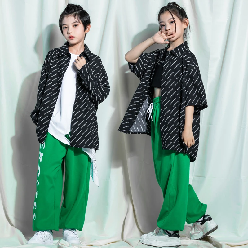 

Детская Одежда для танцев в стиле хип-хоп для подростков, рубашка с принтом, зеленые брюки-Джоггеры для девочек и мальчиков, костюмы для джазовых танцев, одежда для концерта