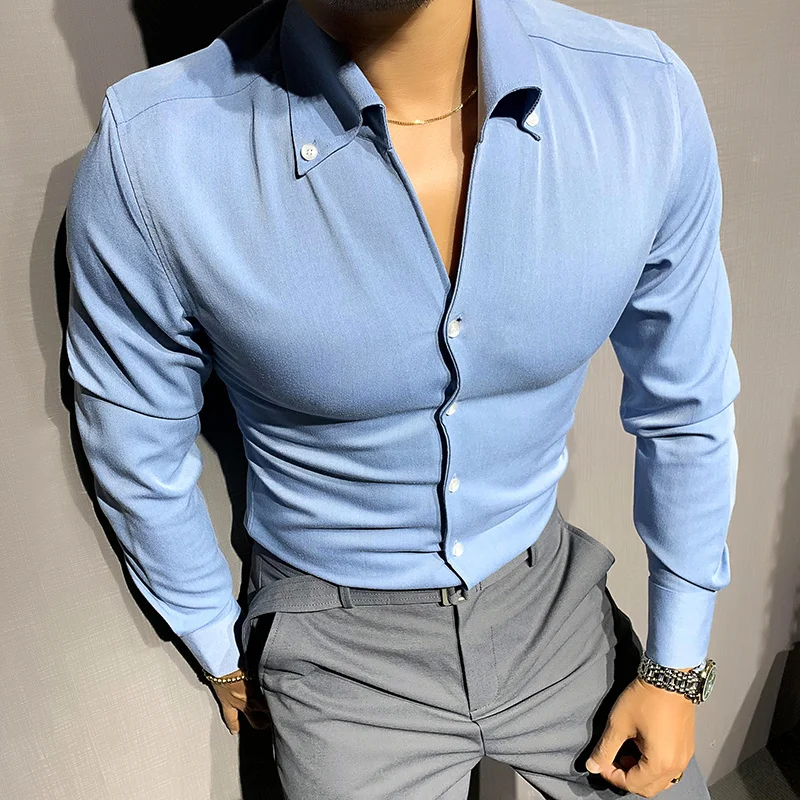 

Мужская приталенная рубашка с длинным рукавом, однотонная деловая рубашка с виндзорским воротником в английском стиле, модель 2021 года