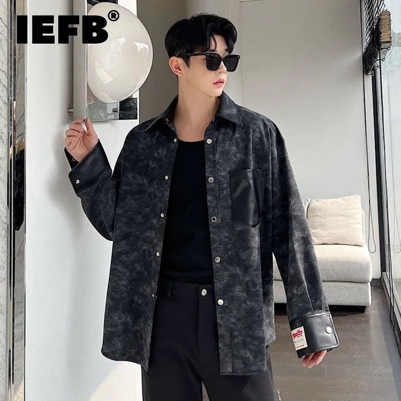 

IEFB Autumn Tiedyed Knitted PU Leather Shirt Fashion Long Sleeve Tops 2023 New Darkwear Turn-down Collar Korean Fashion 9A7699